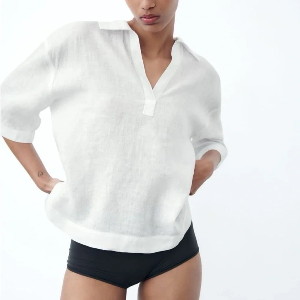 Zara White Lightweight Linen-Blend Button Shirt - Picture 3 of 9